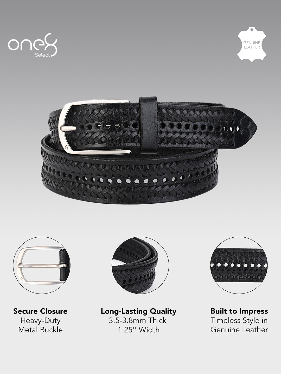 One8 Black Leather Belt with Intricate Weave