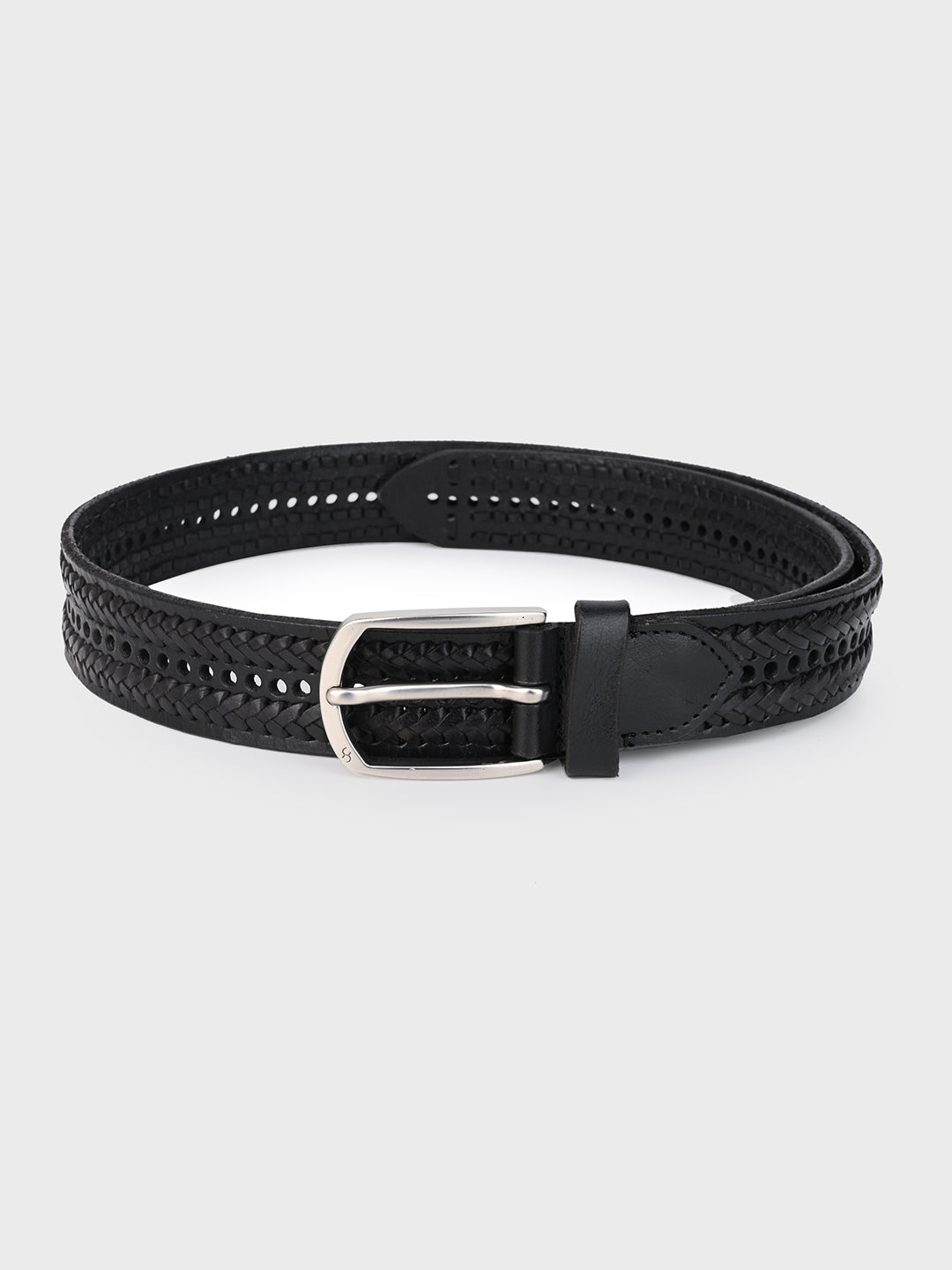 One8 Black Leather Belt with Intricate Weave