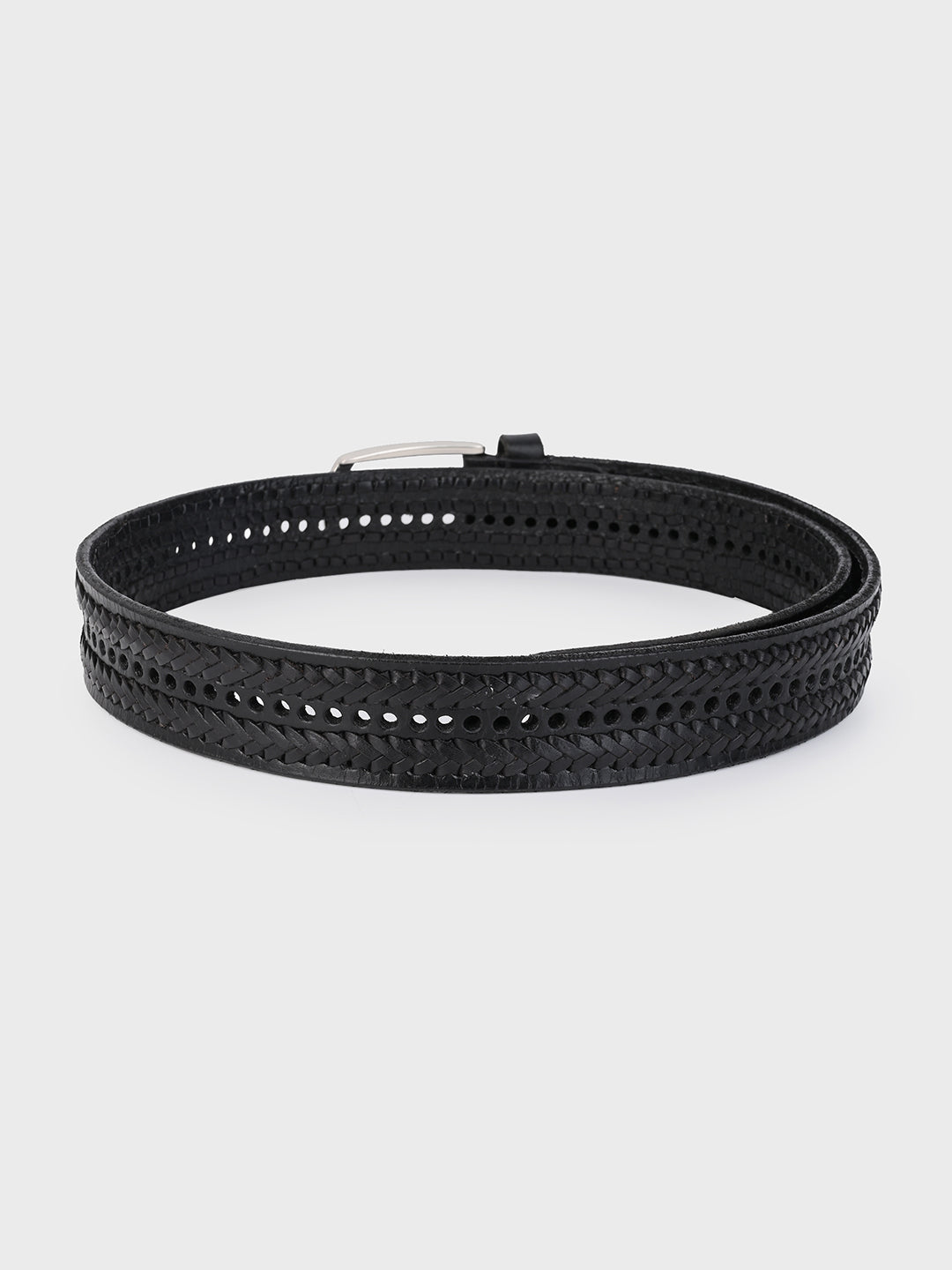 One8 Black Leather Belt with Intricate Weave