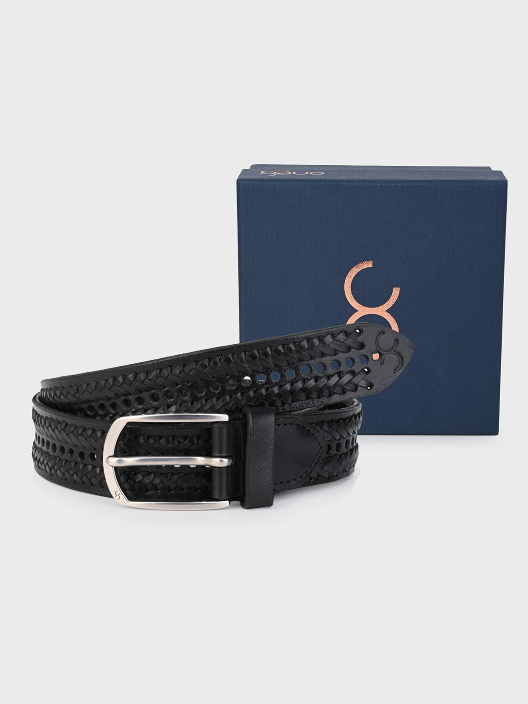 One8 Black Leather Belt with Intricate Weave