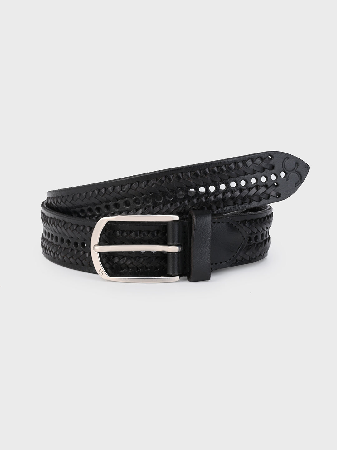 One8 Black Leather Belt with Intricate Weave