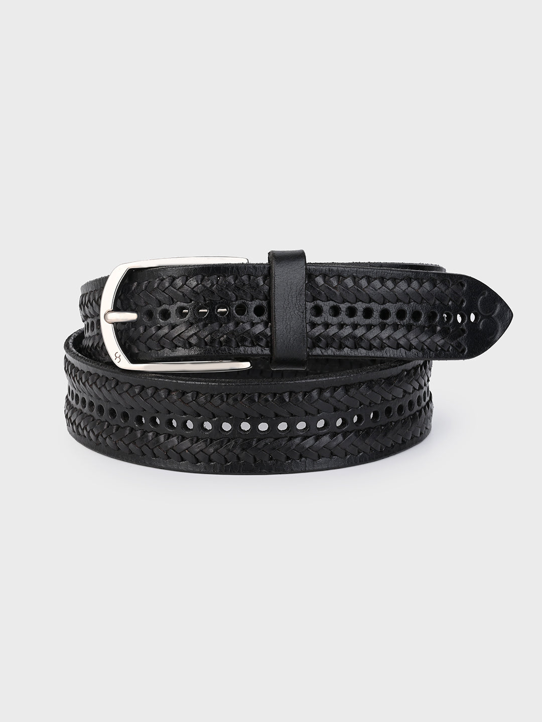 One8 Black Leather Belt with Intricate Weave