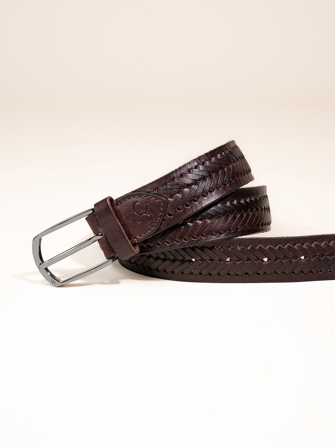 One8 Brown Leather Belt with Intricate Weave