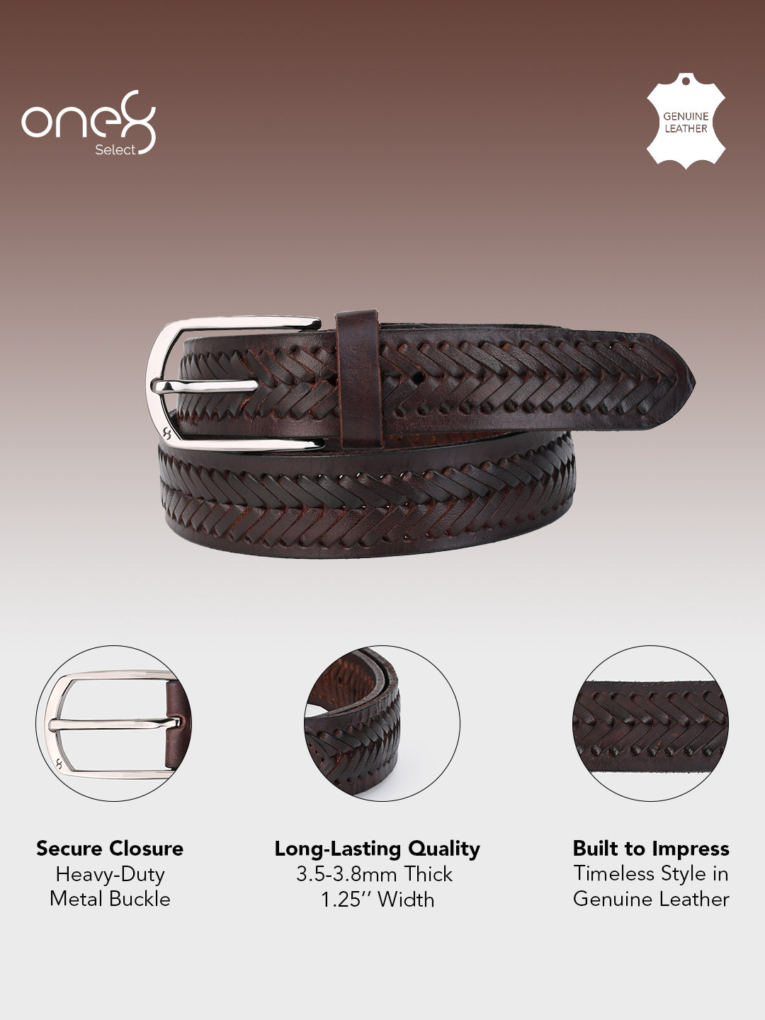 One8 Brown Leather Belt with Intricate Weave