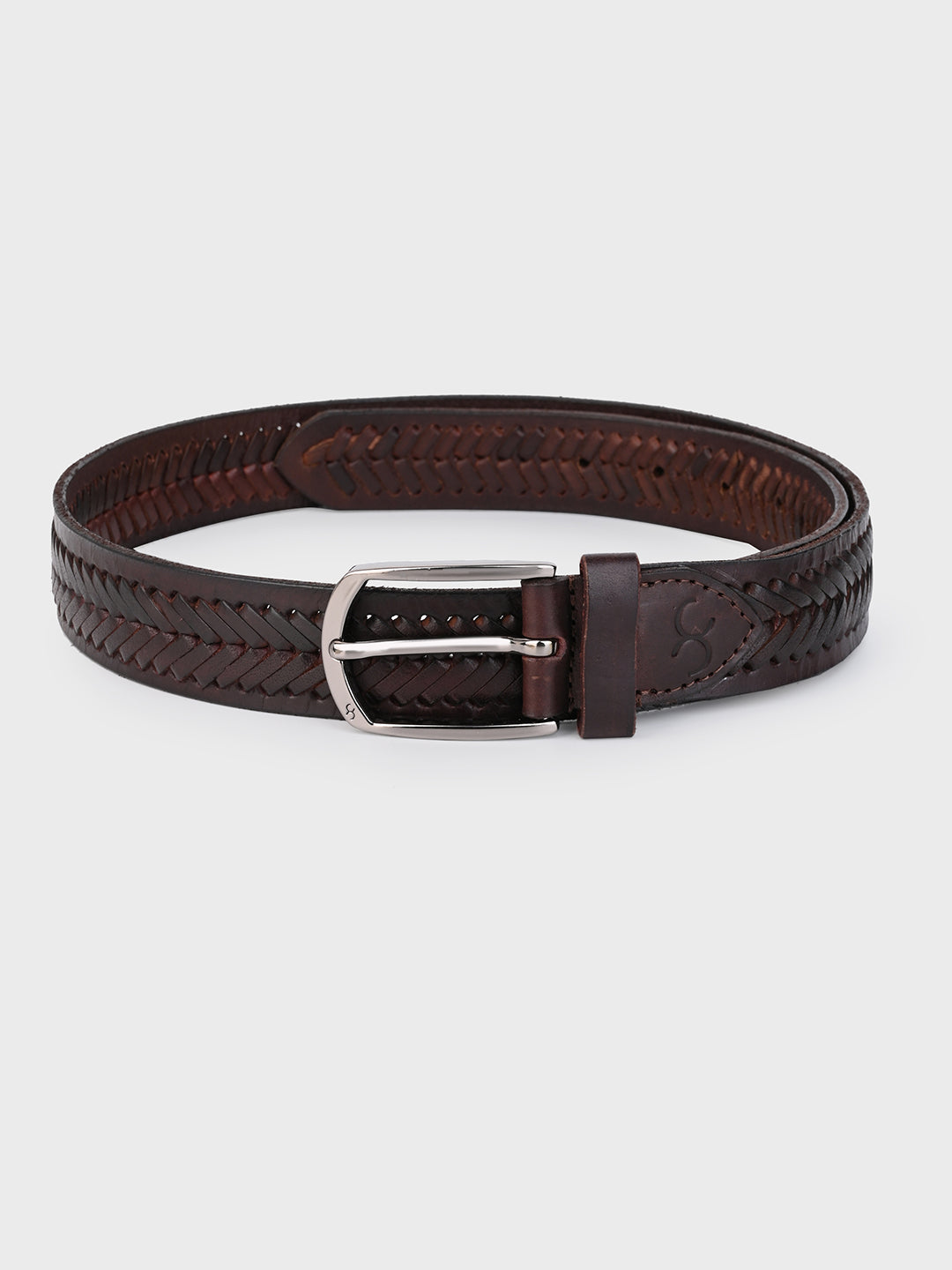 One8 Brown Leather Belt with Intricate Weave