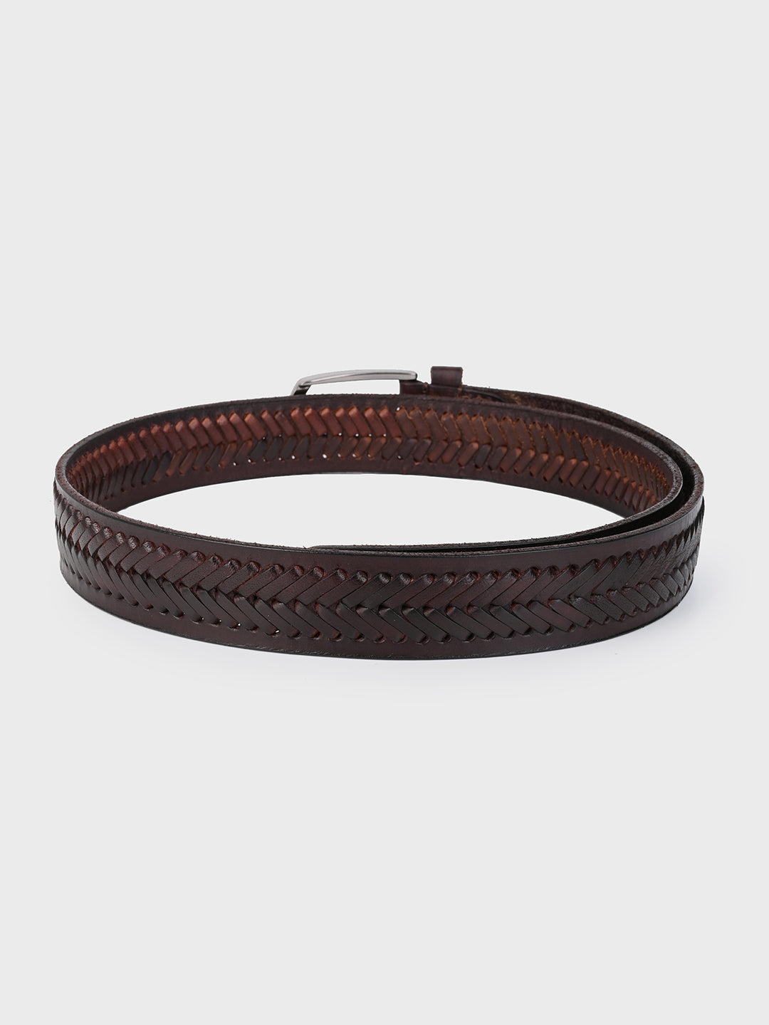 One8 Brown Leather Belt with Intricate Weave