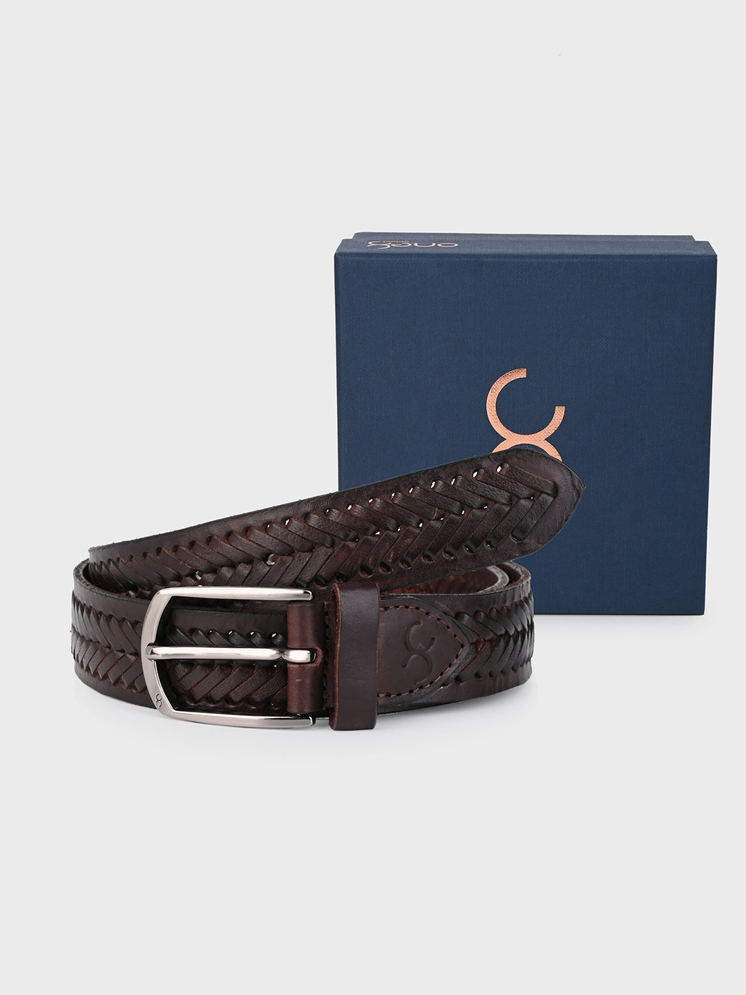 One8 Brown Leather Belt with Intricate Weave