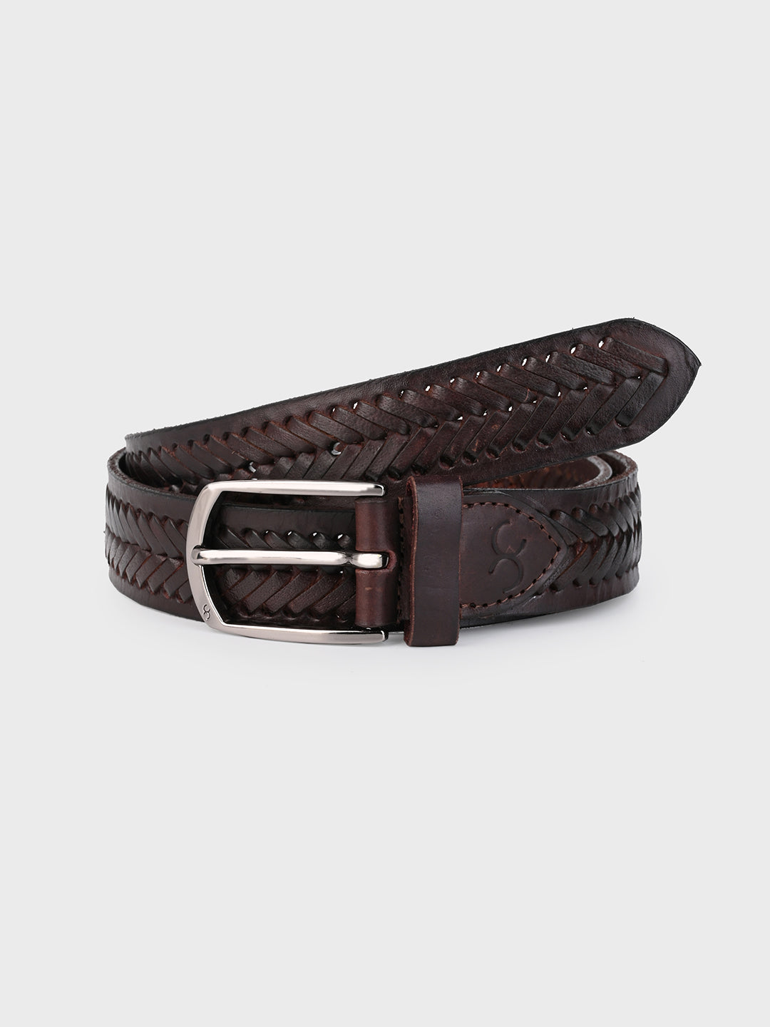 One8 Brown Leather Belt with Intricate Weave