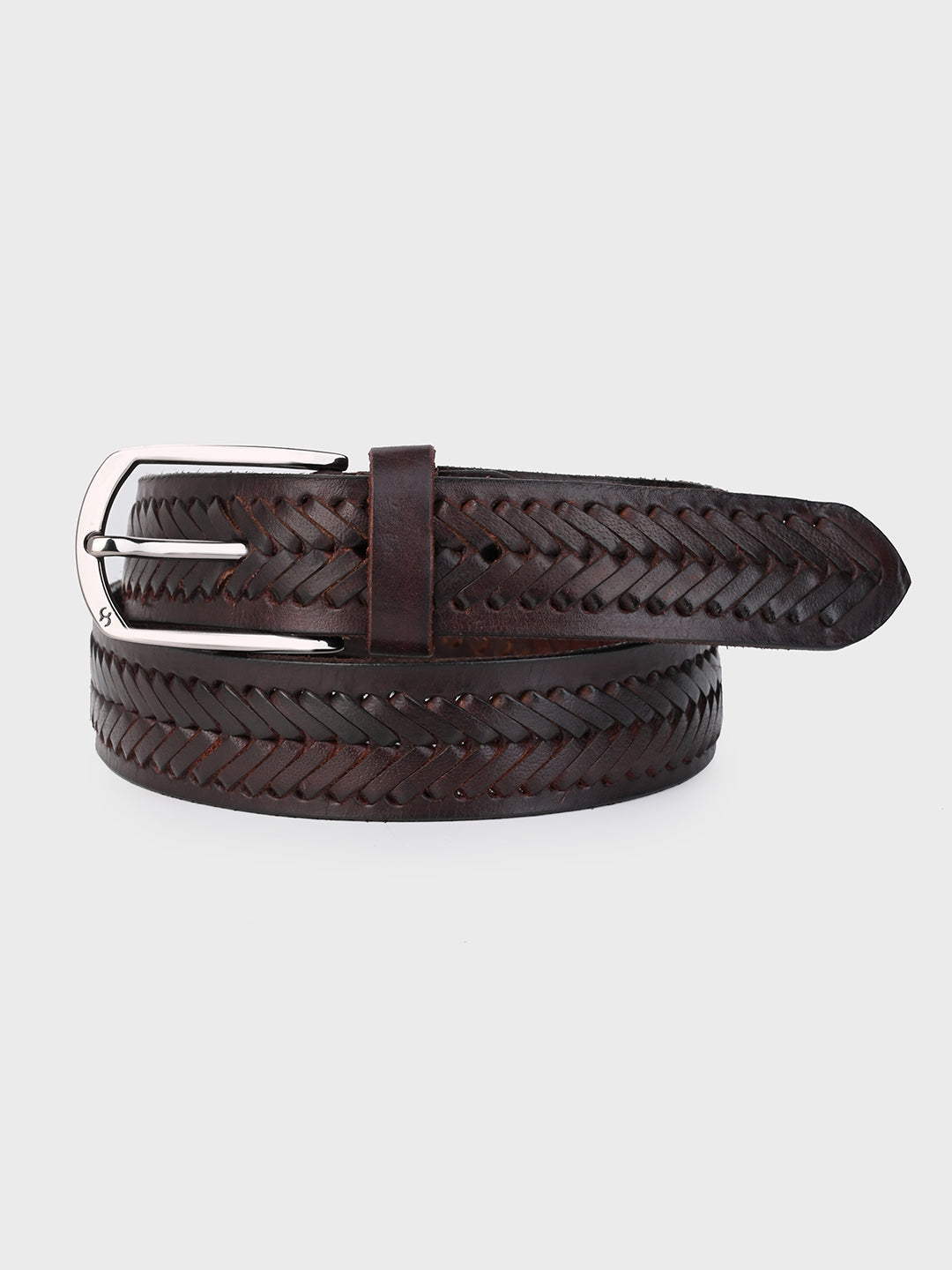 One8 Brown Leather Belt with Intricate Weave