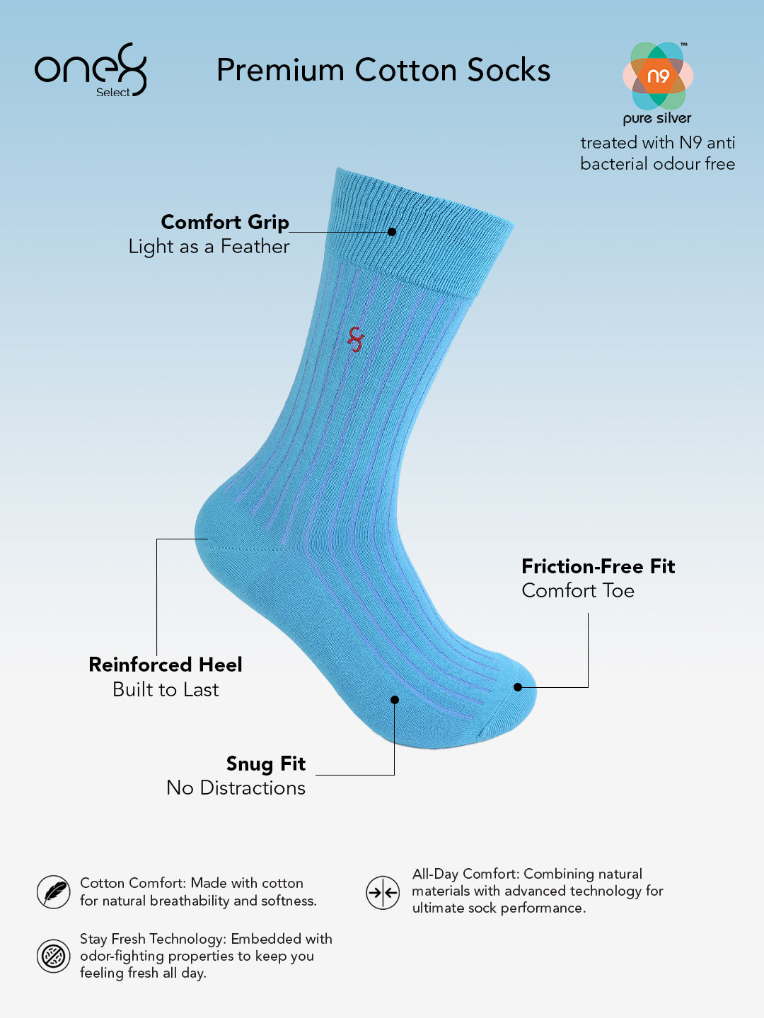 Premium Cotton Socks for Men with Comfortable Grip And N9 Anti-Bacterial Odour Free Treatment