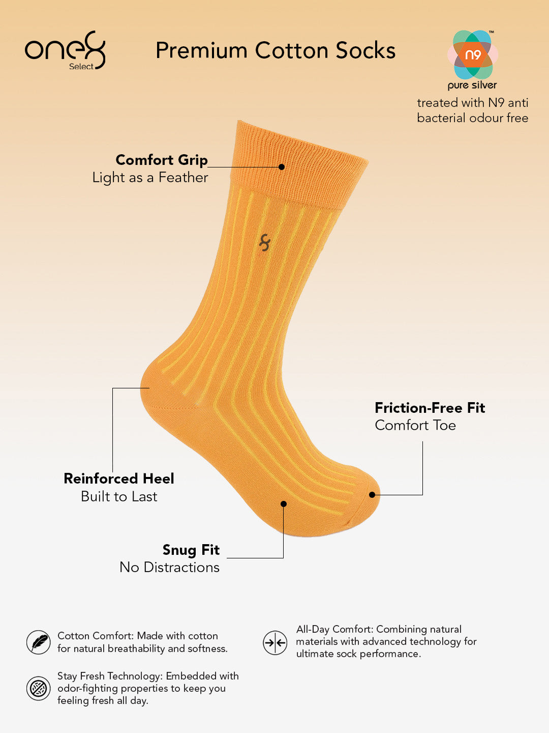 Premium Cotton Socks for Men with Comfortable Grip And N9 Anti-Bacterial Odour Free Treatment