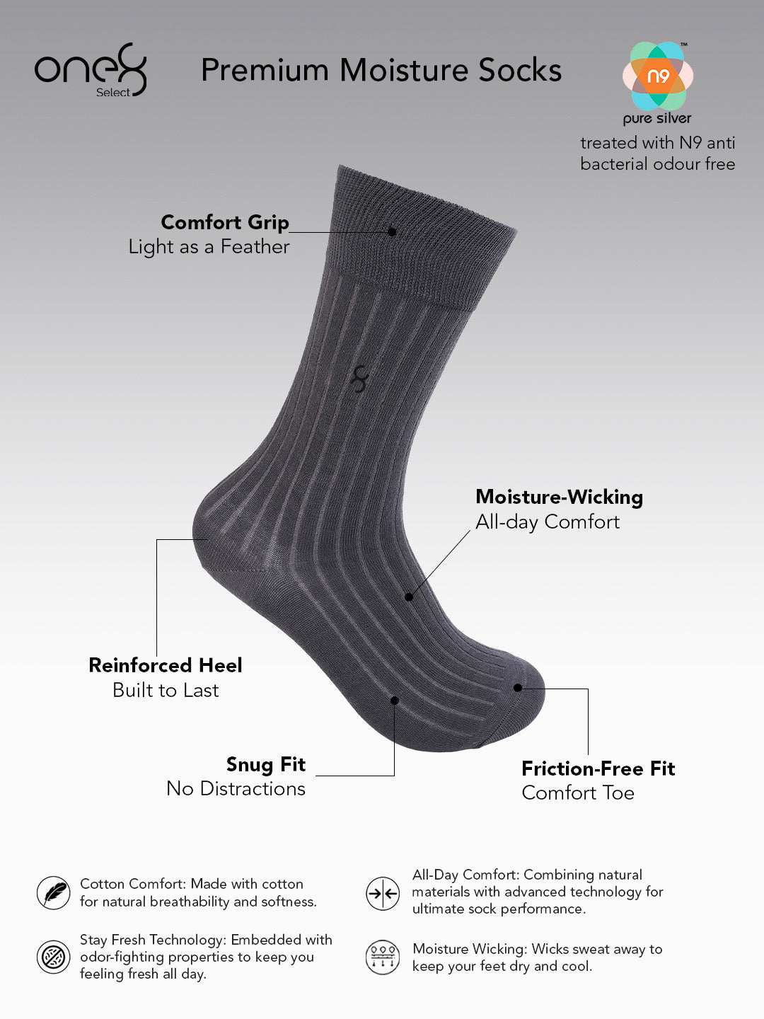 Premium Mercerized Cotton Socks for Men with Comfort Grip And N9 Mositure Wicking Anti-Bacterial Anti-Odour Treatment