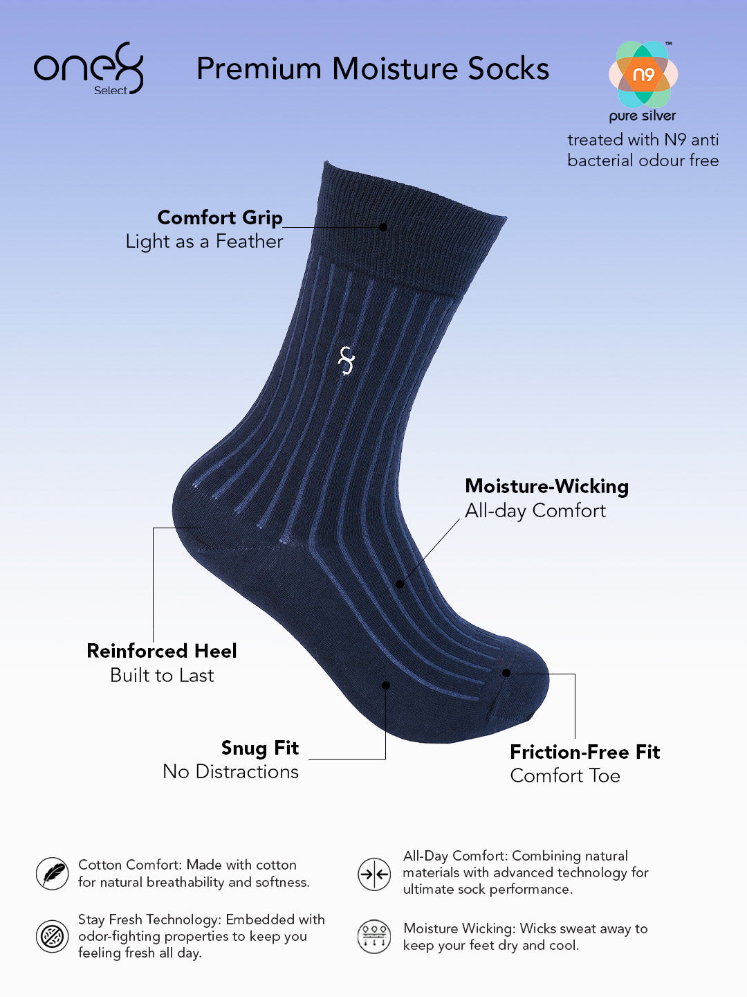 Premium Mercerized Cotton Socks for Men with Comfort Grip And N9 Mositure Wicking Anti-Bacterial Anti-Odour Treatment