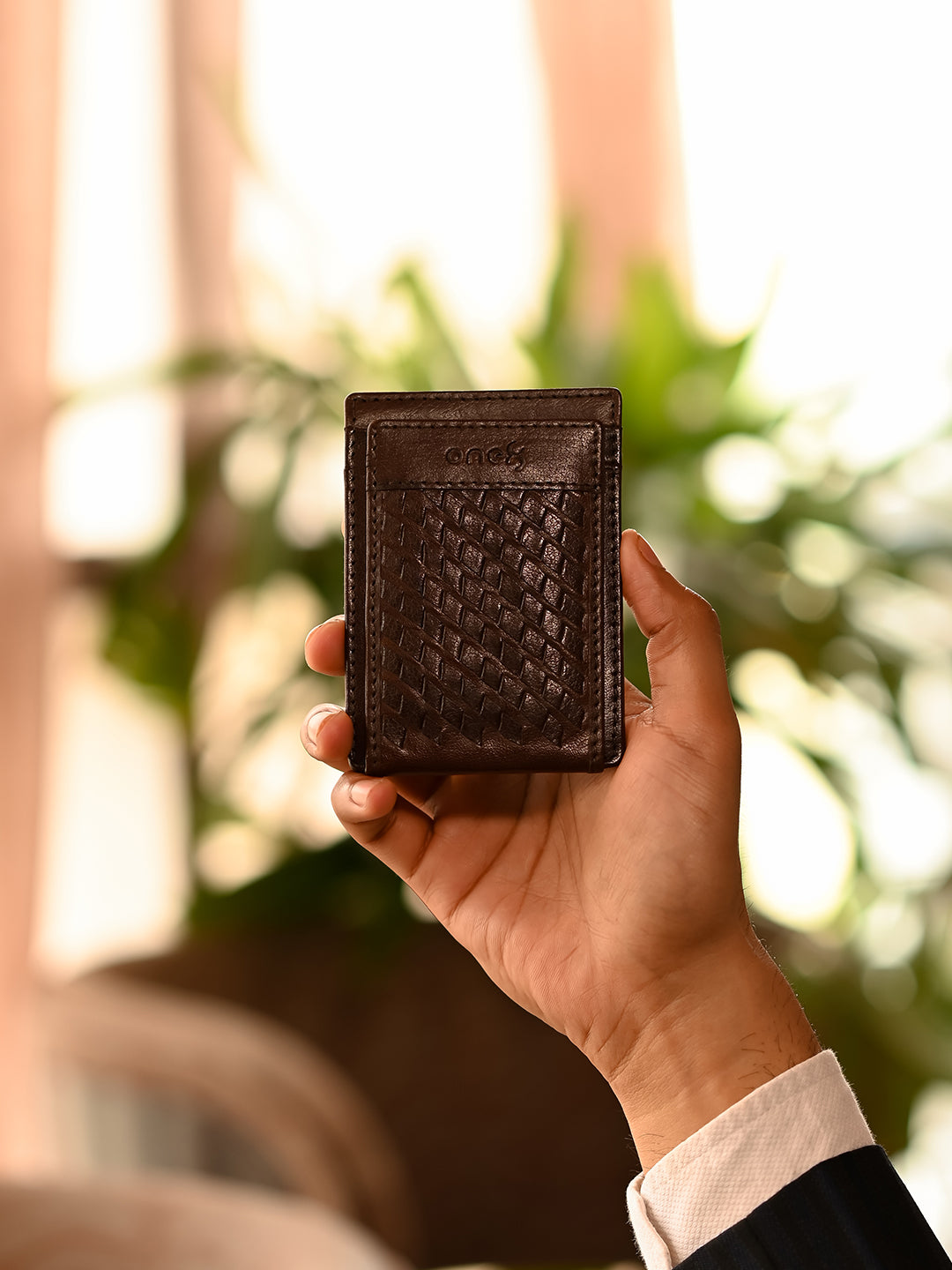 Brown Money Clip Wallet with Intricate Weave