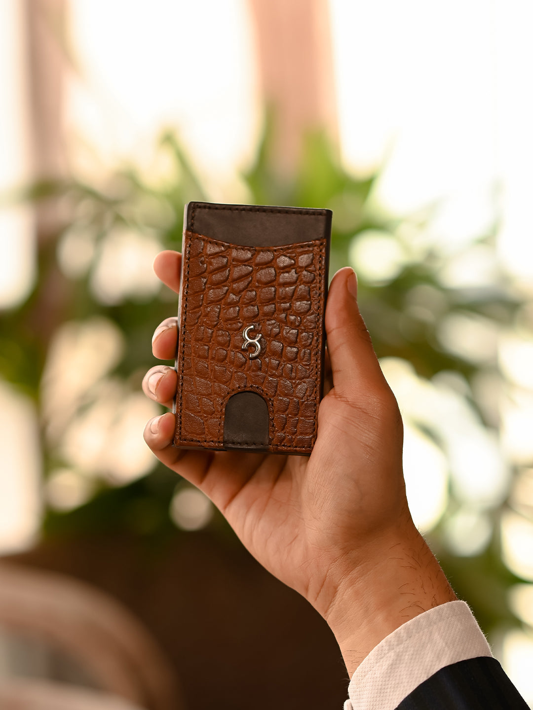 Tan Pop-Up Card Holder with Crocodile-Embossed Leather Cover