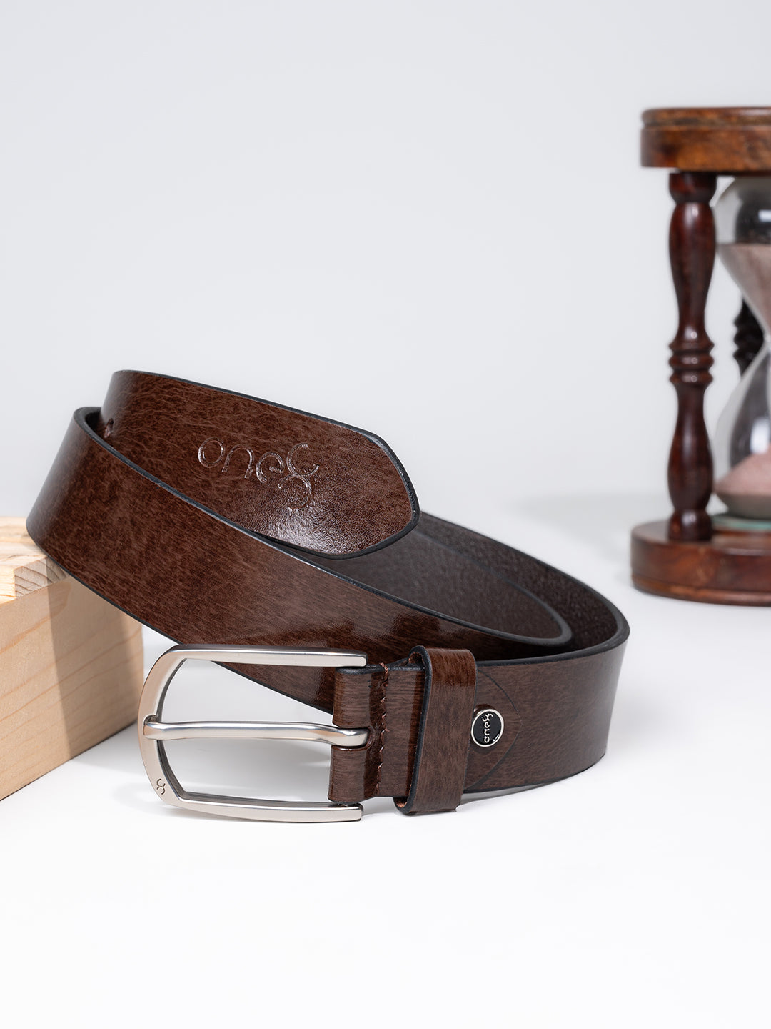 One8 Brown Men's Genuine Leather Tang Closure Semi-Formal Belt