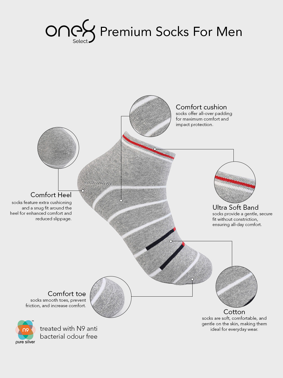 Cushioned Ankle Socks with N9 Coating (Pack of 3)