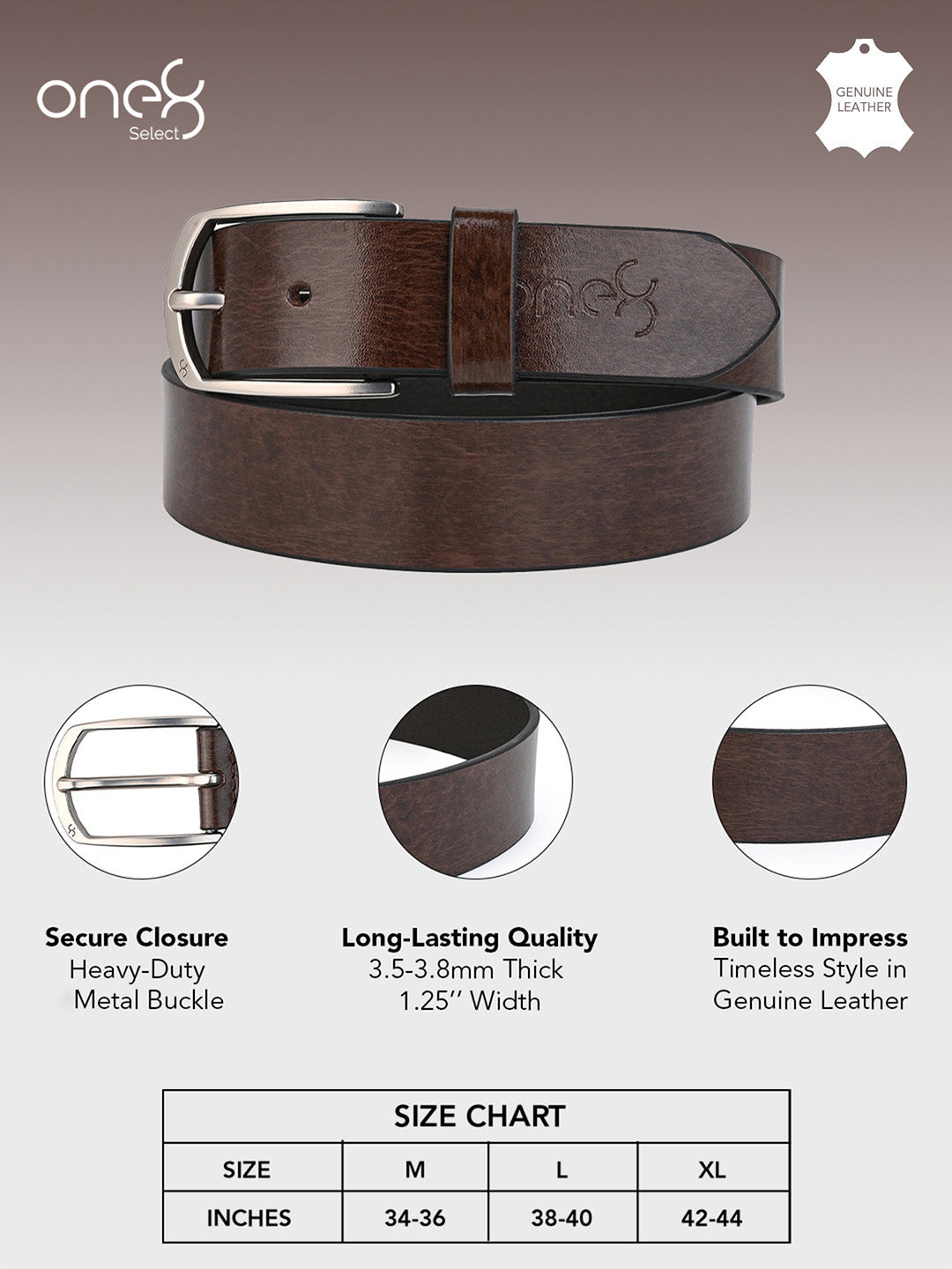 One8 Brown Men's Genuine Leather Tang Closure Semi-Formal Belt